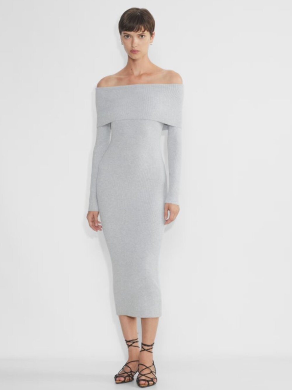 Aritzia Wilfred Clarion Gray Rib Knit Off Shoulder Long Sleeve Sweater Dress